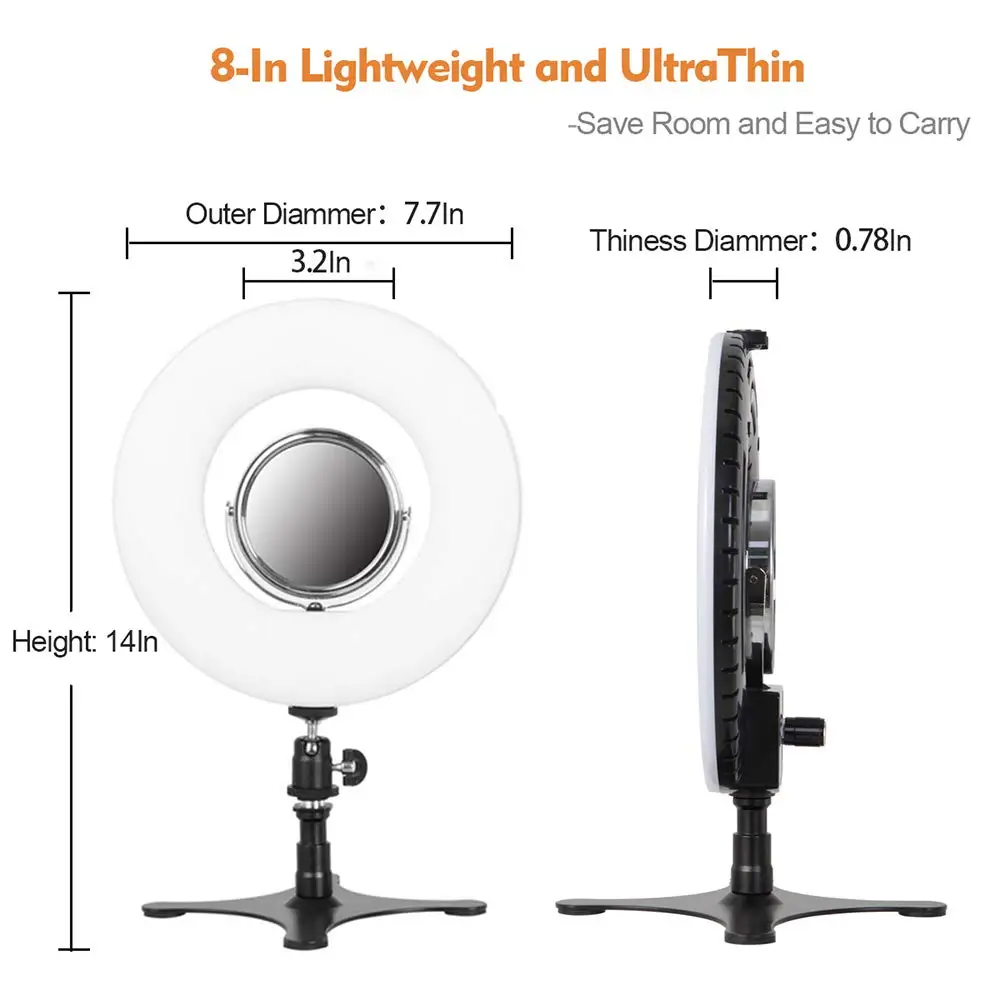 Desktop кольцо света 8-дюймовый затемнения 5500 K светодиодный комплект освещения с подставкой держатель телефона зеркало для Красота селфи