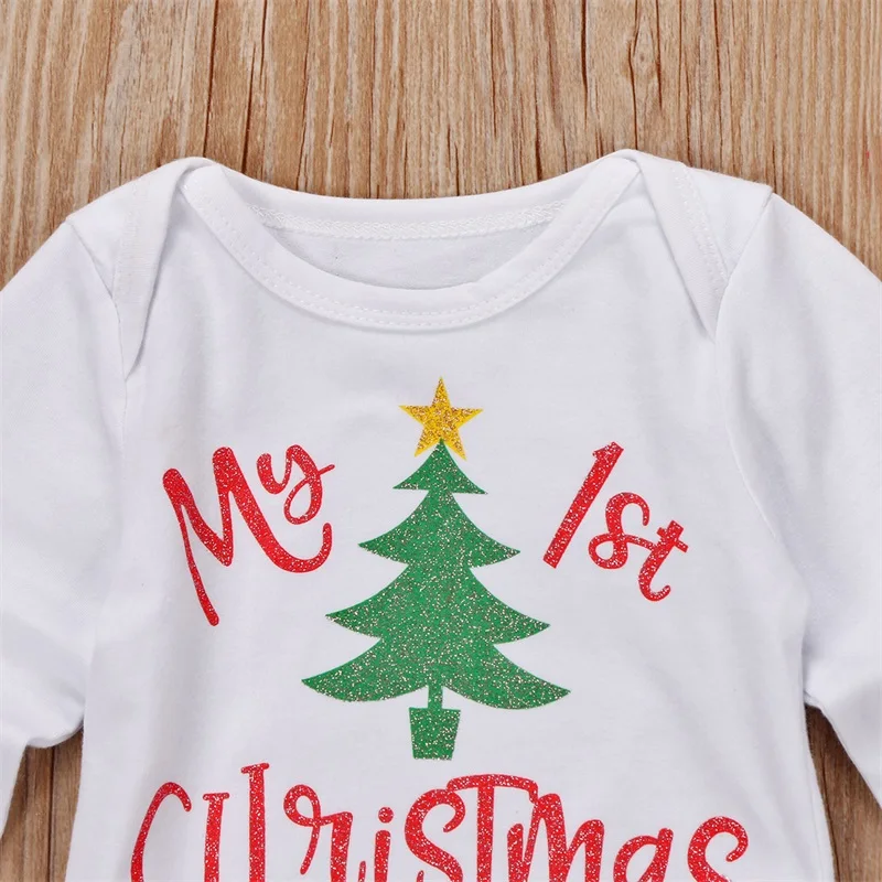 Новогодняя одежда для малышей Комплект из 3 предметов, одежда для маленьких мальчиков и девочек на первое Рождество комбинезон с надписью и оленем для малышей, штаны шапка, рождественские комплекты для малышей