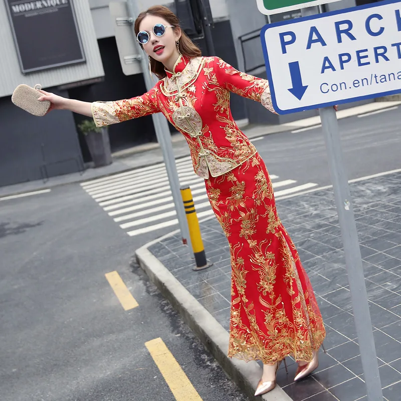 Красный вышивка Cheongsam Сексуальные платья Qipao длинный китайский традиционный свадебный платье восточные свадебные платья невесты