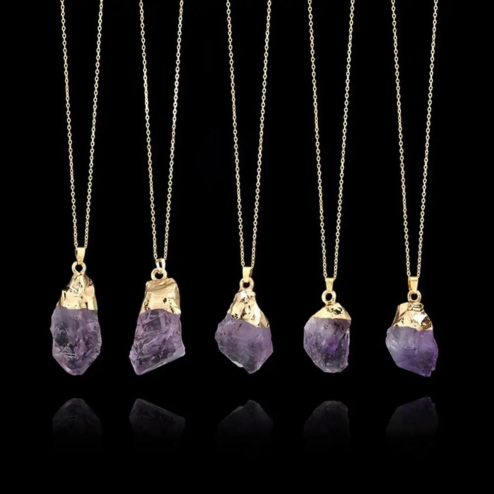 

1PC Purple Natural Amethyst Gemstone Pendant Quartz Crystal Point Healing Stone Necklace Long Chain Jewelry Decoration