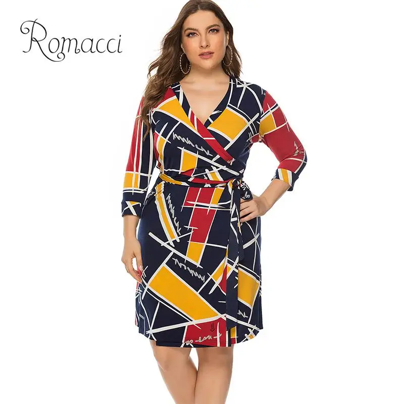 

Women Plus Size Dress V Neck 3/4 Sleeve Contrast Color Block Print Solid Wraparound Belted Waist Elegant Dress Women Midi Dress