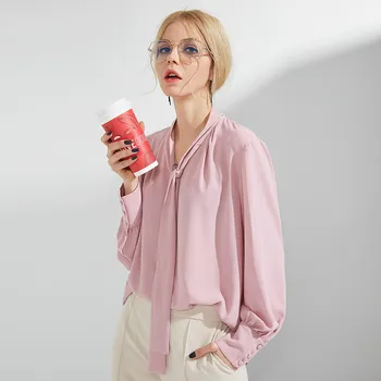 

Fashion 2019 Summer and Autumn Chiffon Blouse V-Neck Womens Tops and Blouses Pink Long Sleeve Top