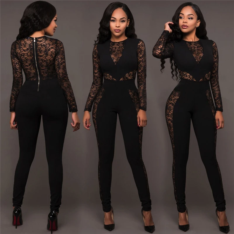 Vogue Ladies Black Lace Jumpsuits women long sleeve sexy jumpsuits female fashion stretchy casual jumpsuits Long Romper clubwear