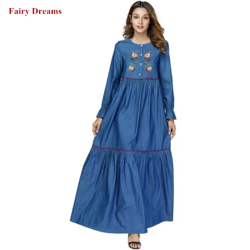 

Dubai Abaya Women Muslim Dress Flowers Embroidery Kaftan Turkish Islamic Maxi Denim Dresses Blue Yellow Red Robe Fairy Dreams