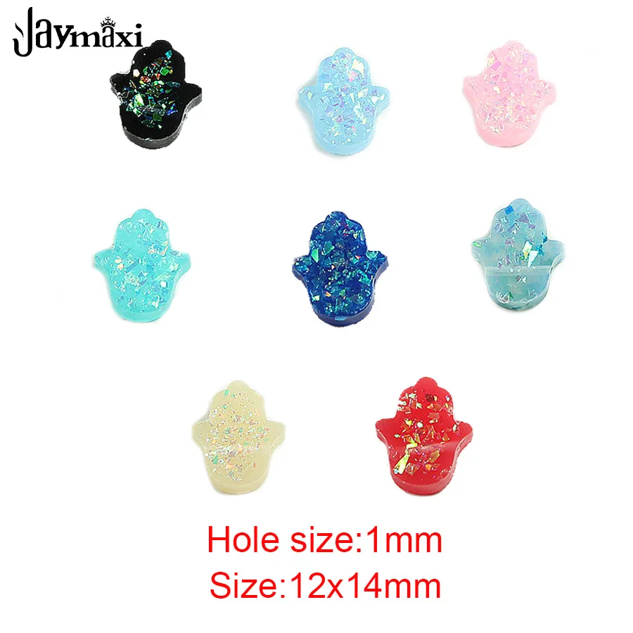 

Jaymaxi DIY Hamsa Hand Charm New Synthetic Opal Resin Hole Size 1mm Fatima Beads Women Jewelry 12*14mm 20Piece/lot
