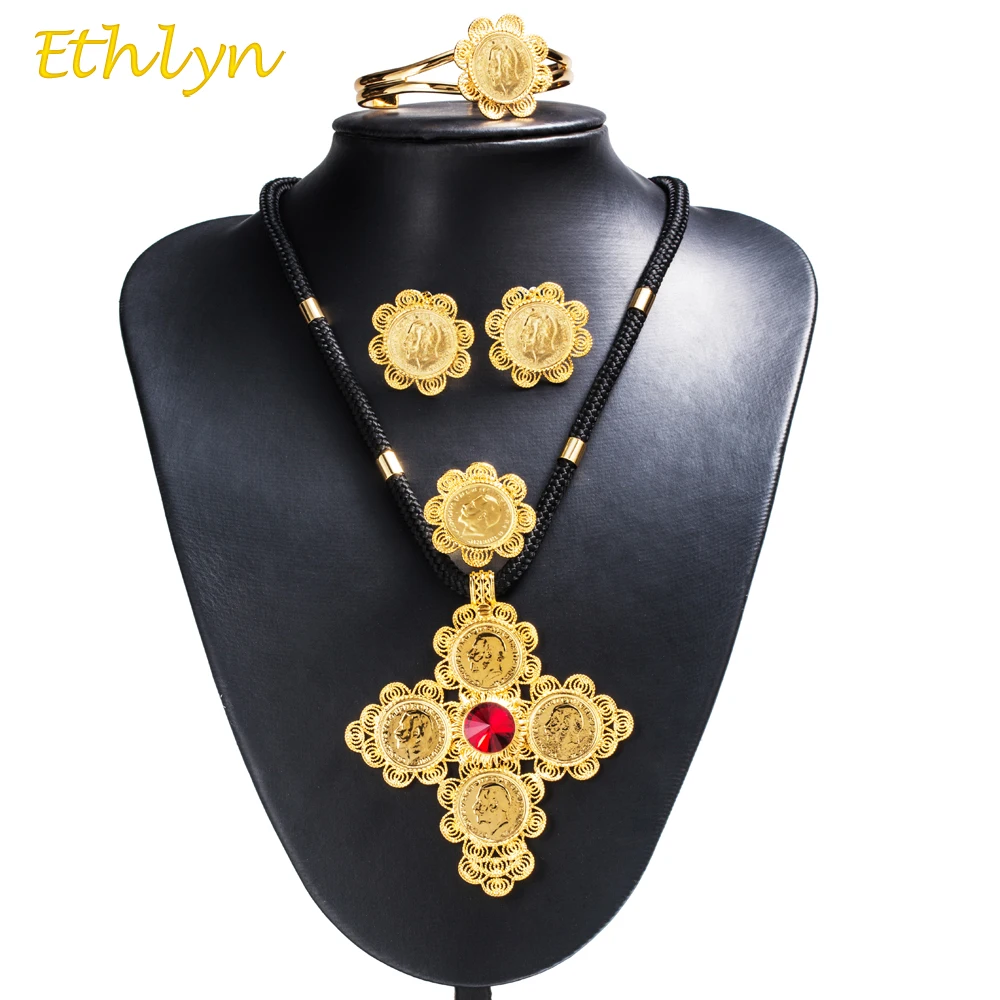 Ethlyn 2017 DIY Black Rope Chain Stone Cross Coins Ethiopian Women Jewelry Sets Gold Color African Bridal Romantic Jewelry S66 Ethlyn 2017 DIY Black Rope Chain Stone Cross Coins Ethiopian Women Jewelry Sets Gold Color African Bridal Romantic Jewelry S66