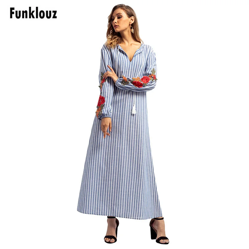 

Funklouz Abaya Muslim Dress for Women Arab Robes Floral Embroidery Stripe Maxi Dress