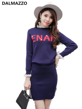 

Women Fashion 2018 Korean New Autumn Runway Print Letters Suits Clothing Pullovers Knitted Sweaters + Skirt Suit 2 Pieces Sets