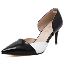 Pumps Women Two-piece Low Cut Stiletto Genuine Leather Color Block Ladies Shoes Sexy Party Leisure Shiny Shoes
