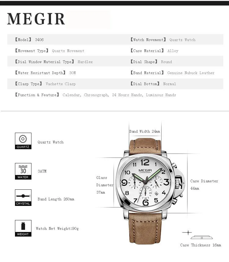 MEGIR Топ люксовый бренд кварцевые часы Мужские Аналоговые часы с хронографом мужские ретро кожаный ремешок модные большие спортивные наручные часы для мальчиков