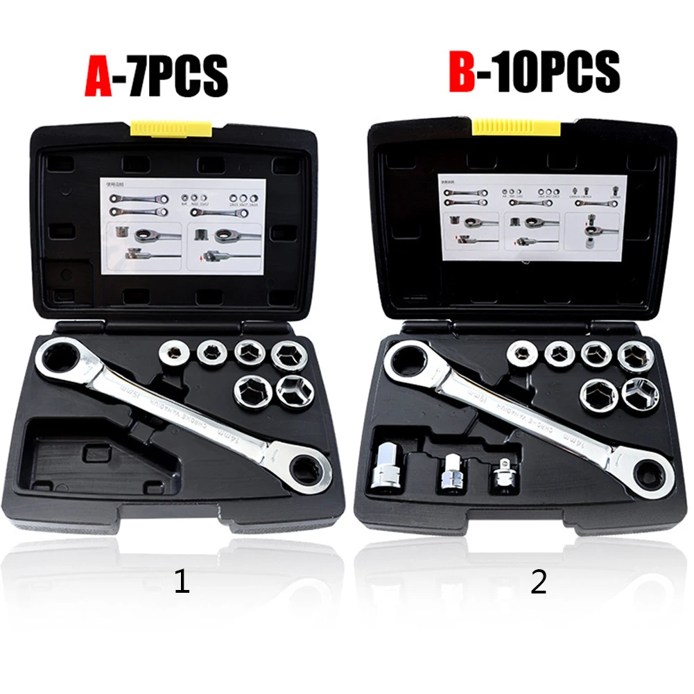 

7/10pcs Ratchet Wrench Set 6-19mm Hex Double Head Socket Wrench CR-V Metric Auto Repair Tools With Box