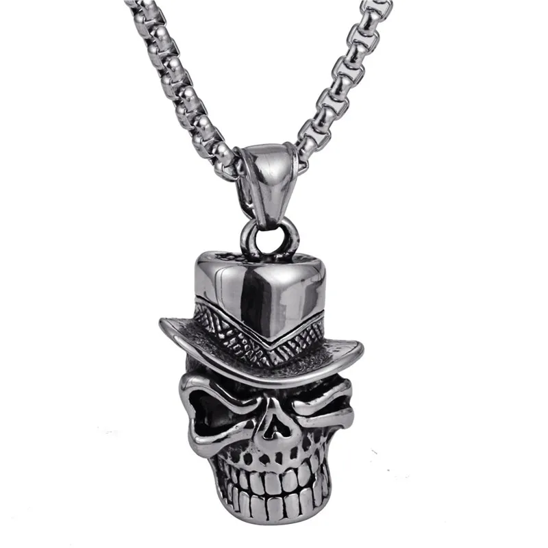 Bogvli Punk Stainless Steel Skull Pendant In Hat Necklace Men Chain