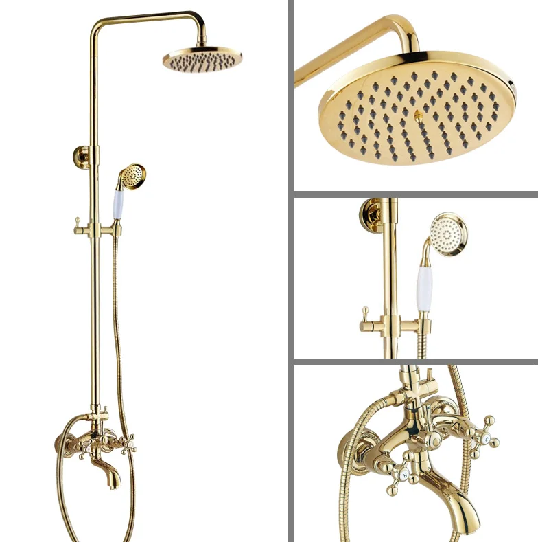 

Luxury Polished Gold Color Brass Dual Cross Handles Bathroom Round Rain Shower Faucet Set Bath Tub Mixer Tap Wall Mounted mgf454