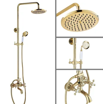 

Luxury Polished Gold Color Brass Dual Cross Handles Bathroom Round Rain Shower Faucet Set Bath Tub Mixer Tap Wall Mounted mgf454
