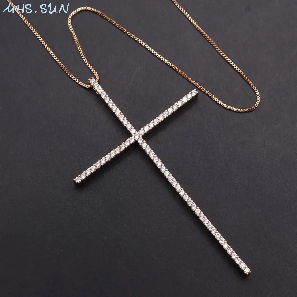 MHS.SUN CZ Zircon Big Cross Pendant Necklace For Men Women Gift Hip Hop Gold/Black Color Chain Necklace Religion Jewelry 1PC