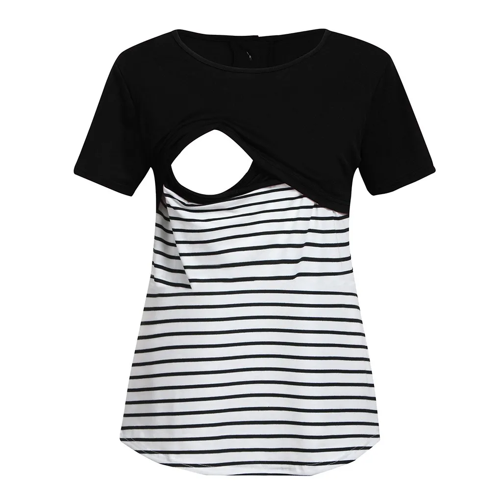 

Maternity Clothes Pregnant Women Maternity Short Sleeve Stripe Splicing Mom Nursing Baby Tops T-shirt Ropa Embarazada #CE3