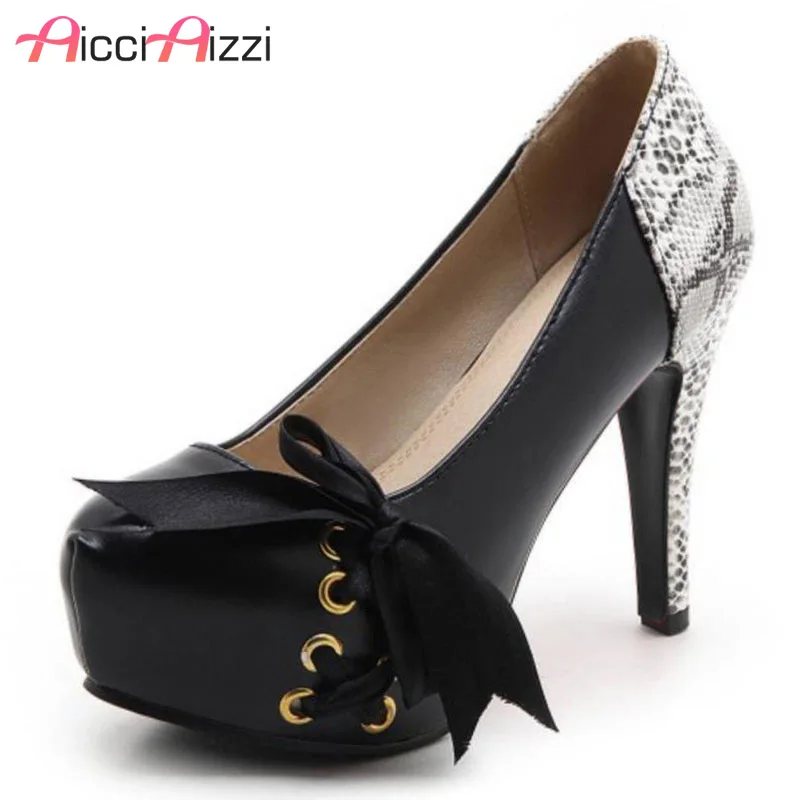 

AicciAizzi Size 32-43 Sexy Ladies High Heel Shoes Women Round Toe Patchwork Bowtie High Heel Pumps Dating Party Female Footwears