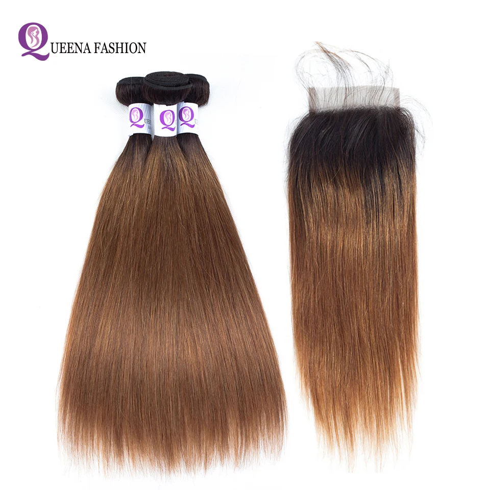 

Peruvian Ombre Straight Human Hair Bundles With Closure 1B/27 And 1B/30 Two Color Can Choose 3 Part Ombre Hair Extensions