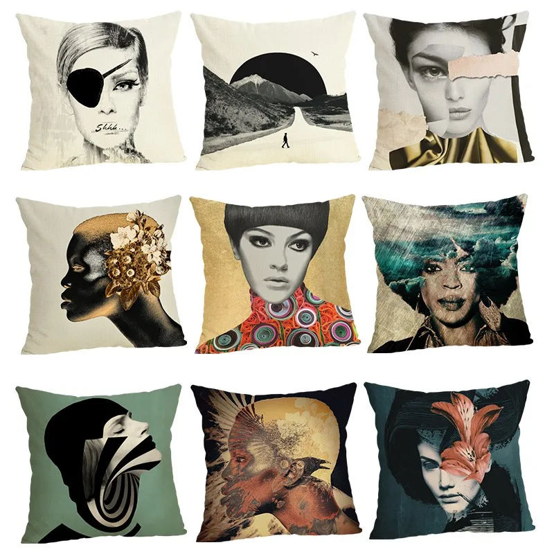 

Creative woman Sofa Cushion Case Home Decor 45Cmx45Cm linen Square Sofa Bed Car print Pillow Cover Linen cushion cover