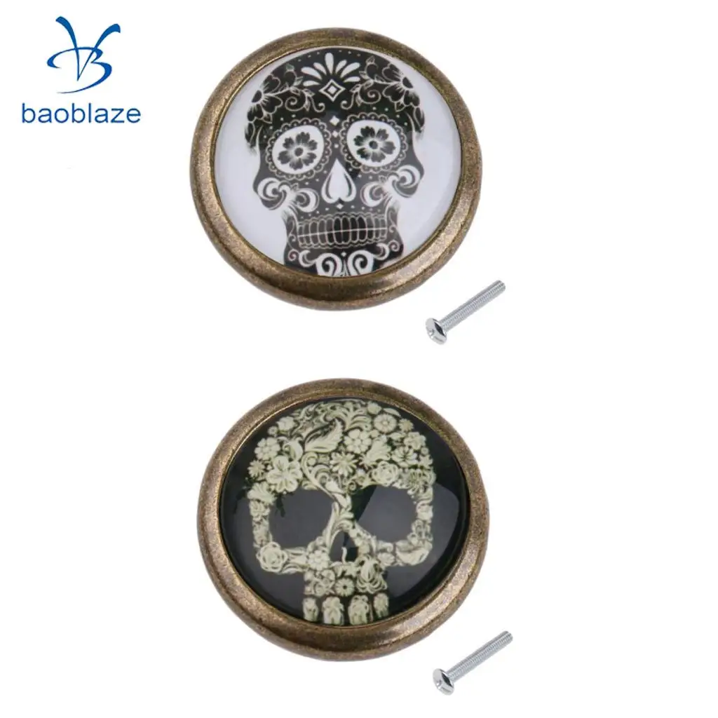 2 Pieces Skull Prints Antique Brass Cabinet Drawer Round Pulls Wardrobe Cabinet Door Cupboard Knob