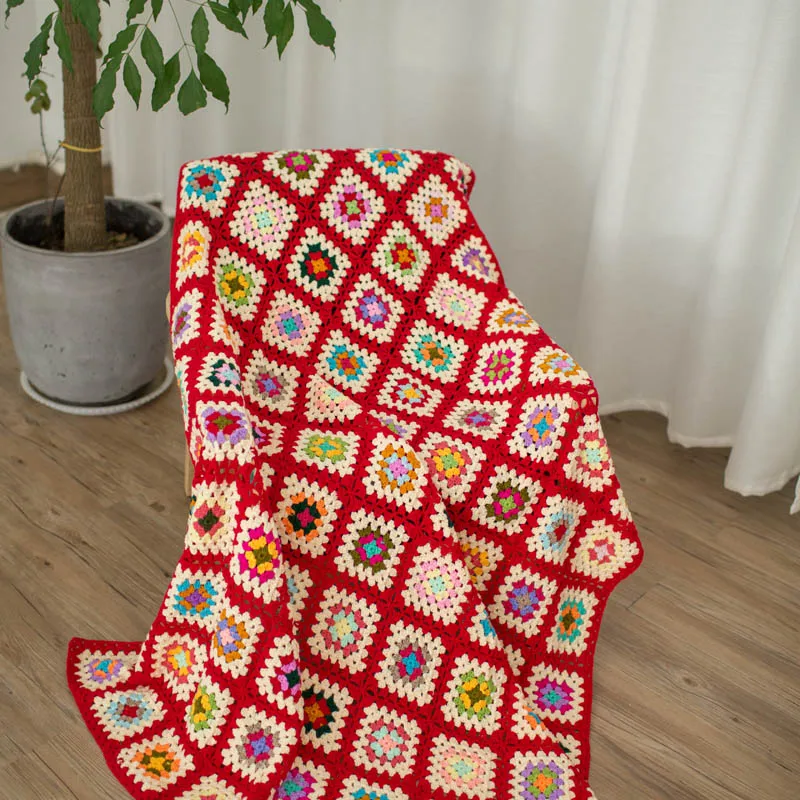 

Colorful Handmade hook flowers cotton Lace Chic Crocheted red Blanket / Many Uses table cloth / Unique Gifts grandmother memory