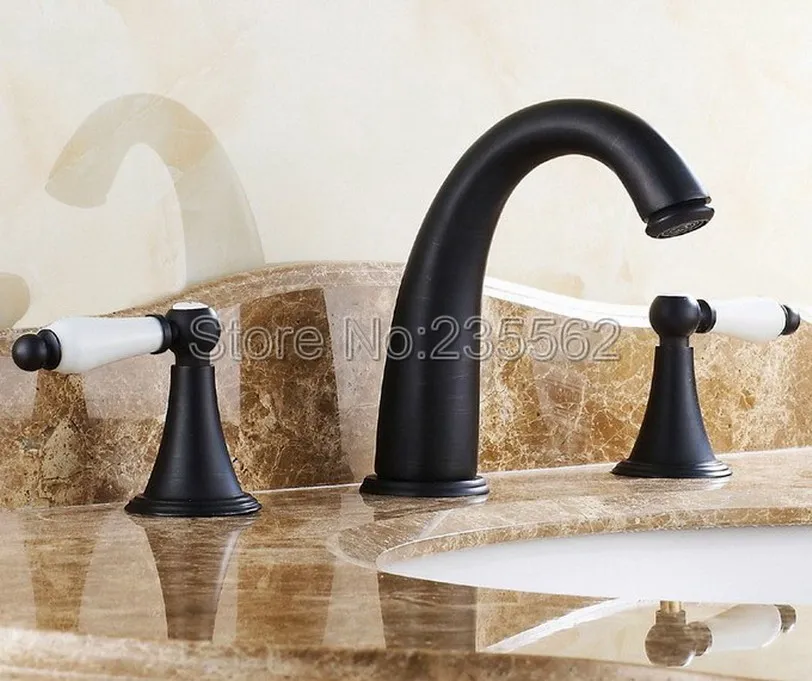 

Modern Black Oil Rubbed Bronze Dual Ceramic Handle Bathroom Basin / Sink Faucet 3 Hole Mounted Mixer Taps lnf081