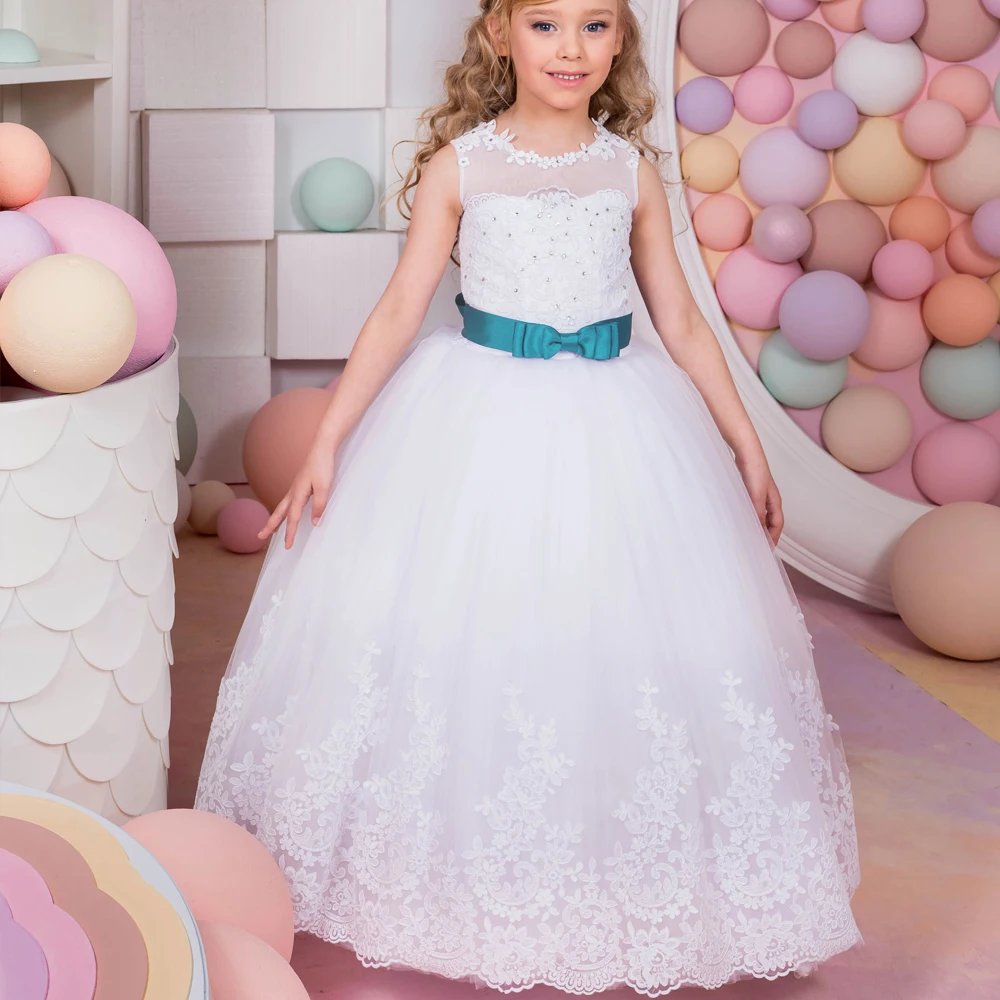 

2017 New Arrival First Communion Gowns Blue Belt Beading Sleeveless Ball Gown Flower Girl Dresses for Wedding Vestidos Longo Hot