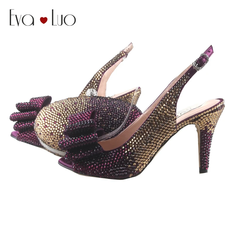 

BS785 DHL Custom Handmade Gold Purple Crystal Bow Shoes with Matching Bags Set Slingbacks Dress Pumps Women Shoes wedding Shoes
