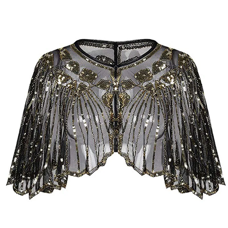 Женская шаль 1920s Гэтсби, расшитая бисером и пайетками, винтажная, вечерняя, для вечеринки, сетчатая, Хлопушка, накидка для темы, вечерние - Цвет: Black Gold