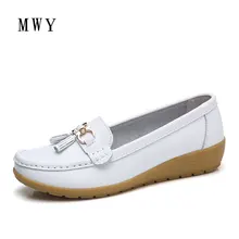 MWY/Женская обувь на плоской подошве; женская повседневная обувь белого цвета из натуральной кожи без шнуровки с круглым носком; удобная мягкая женская обувь; сезон осень