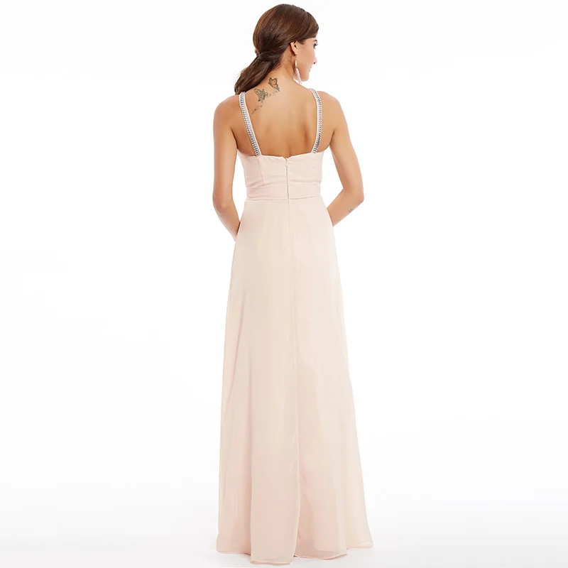 Tanpell scoop long evening dress pearl pink ruched sleeveless zipper up floor length dress cheap beaded a line evening dresses