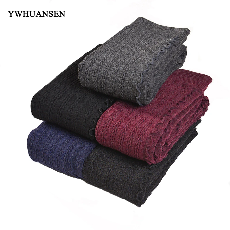 

YWHUANSEN Girls Pants Winter Knitted Jacquard Weave Warm Ttrousers For Kids Plus Cashmere Children's Pants Ruffles Skinny Celos