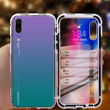 

100pcs Magnet Adsorption Tempered Glass Back Metal Case For Huawei P30 P20 Mate 20 Pro Lite 20X Nova 4 3i Y9 Y6 Pro 2019 Cover
