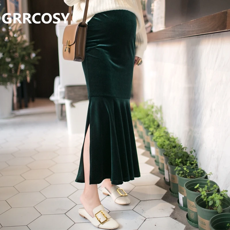 

GRRCOSY Maternity Mermaid Velour Half body skirt Autumn Velvet fishtail skirt fashion commute Pregnant woman long Side openskirt
