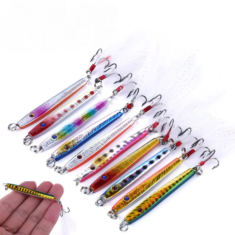 

5.7cm 10.9g Upgraded Metal Jigging Lures with Feather Tail Long Spoon Laser Surface Isca Artificial Fishing Lure Bait 10 Colors