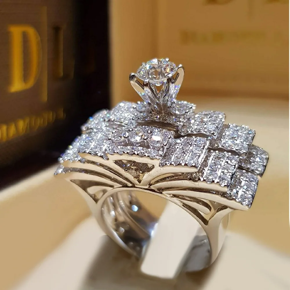 Брендовое милое женское Кристальное белое круглое кольцо, набор роскошных серебряных обручальных колец 925 пробы, винтажные Свадебные Кольца для женщин