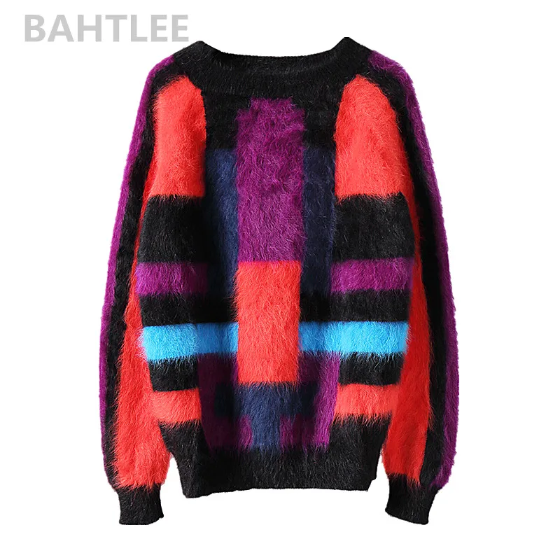 BAHTLEE осенне-зимние женские пуловеры из ангоры, свитер с круглым вырезом и длинными рукавами, сохраняющий тепло, цветные, многоцветные - Цвет: Colorblock