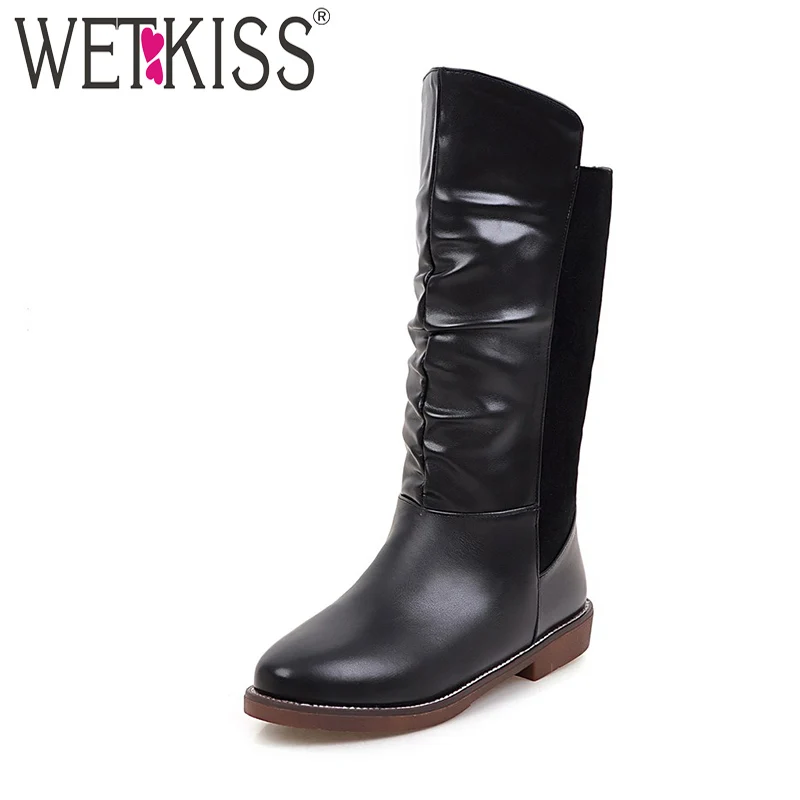 

Concise Solid Basic Pleated Mid-Calf Boots Round Toe Low Heel Women Shoes Plush Keep Warm Autumn Winter Boots