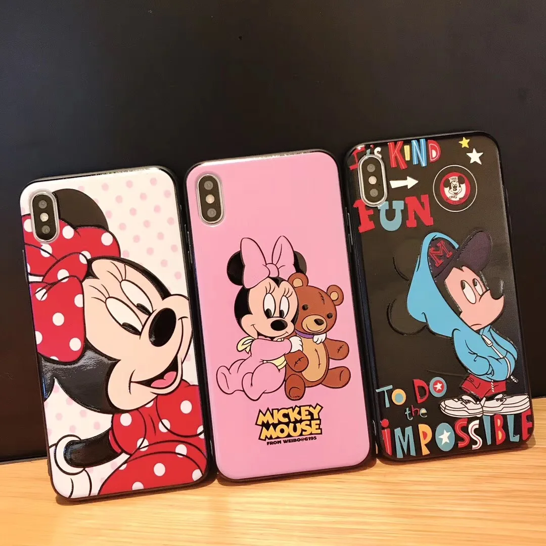 

Mickey Minnie Cute cartoon embossed varnish Cover For iPhone 6 6s 7 8 Plus X XS MAX XR Cool street dance Lovers TPU Back Case