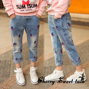

2019 Kids Jeans, girl's jeans ,brand spring baby skinny jeans for girls kids Cartoon cherry embroidery pants 3 to 12 years