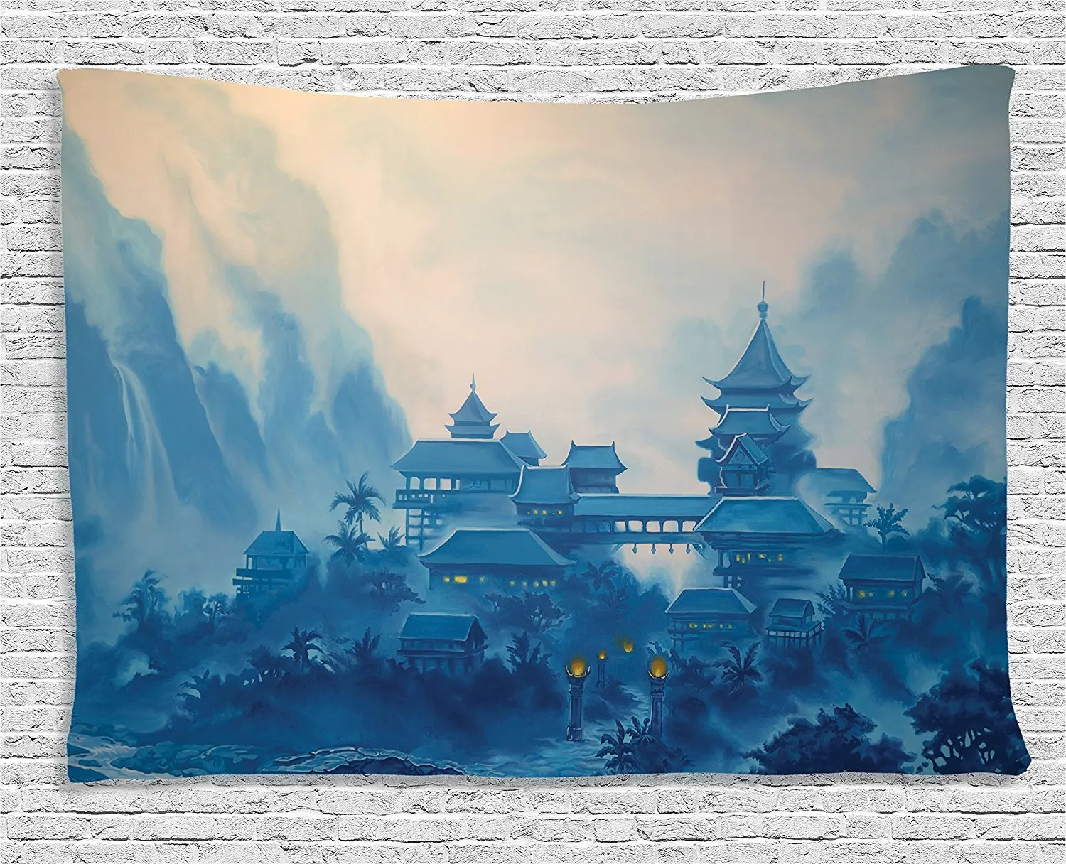 Decor Tapestry, Chinese Temple Paint Mist with Lanterns at Night Artsy 
