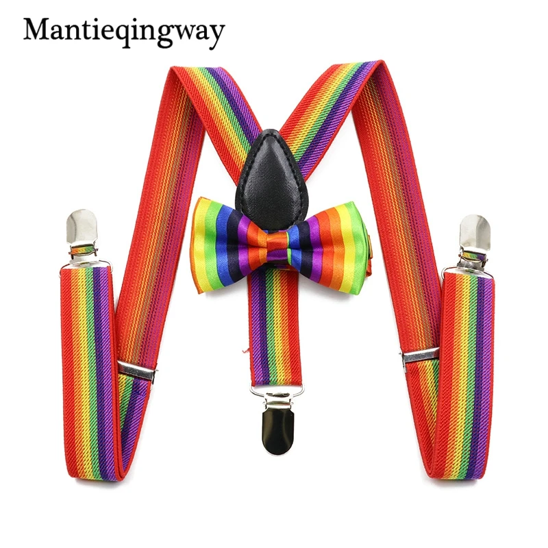 

Mantieqingway Child Suspenders for Boys Rainbow Striped Bowtie Sets 3 Clip Buckle Wedding Tie Suspenders Belt Strap Bretelles