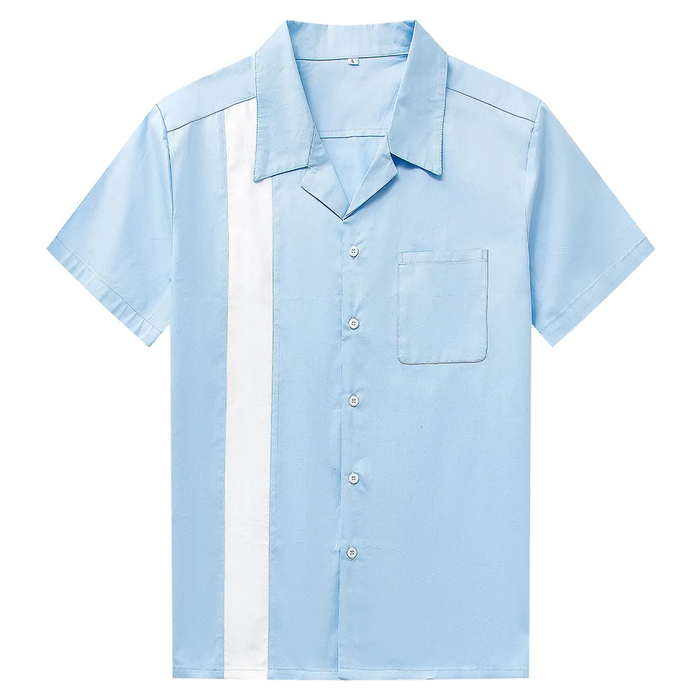 Blouse Men Casual Button-Down Dress Blue White Vertical Striped Shirt Men's Short Sleeve ShirtsCamiseta Retro Hombre Bowling  (1)