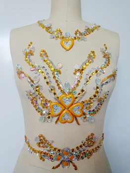 

ZBROH Handmade crystal patches sew on golden/clear AB colour Rhinestones applique with stones sequins beads 45*24cm