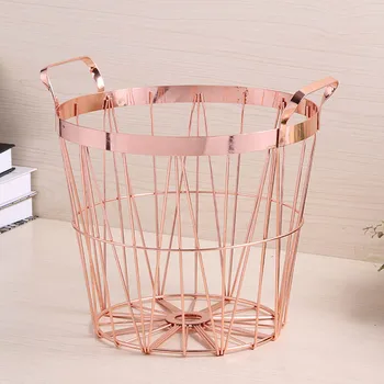 

Rose Gold Round Iron Wire Storage Basket with Handles for Kitchen Bathroom TB Sale