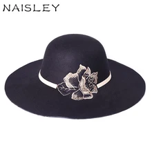 Фотография NAISLEY 2017 Sale Cappello Roses Bucket Top Cap Lady Gift Women Winter Wide Brim Felt Hats England Fashion Flower Plush Fedora 