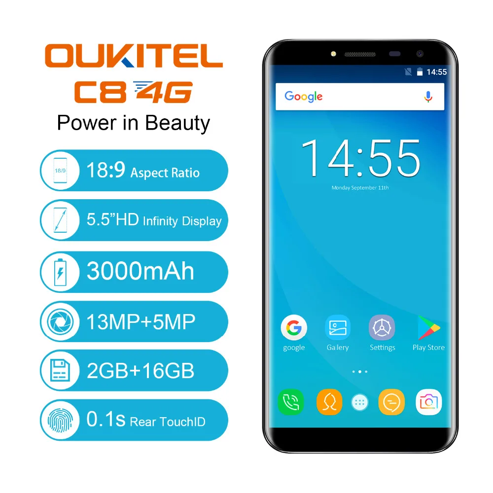 Oukitel C8 4G мобильный телефон 16G rom 2G ram 18:9 соотношение сторон 5 дюйма дисплей