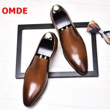 OMDE Simple Style Genuine Leather Mens Shoes Casual Flats Fashion Pointed Toe Mens Loafers Slip On Men's Party And Wedding Shoes