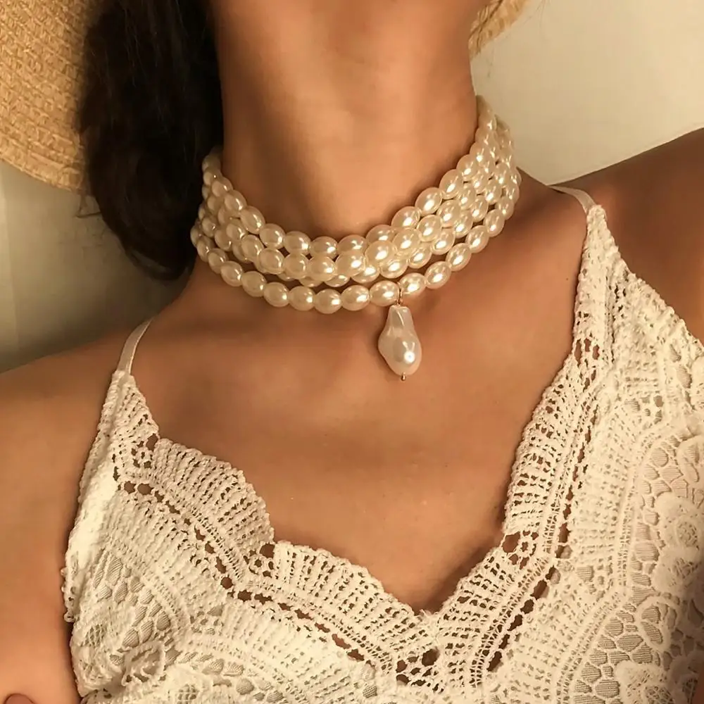 

DIEZI Multilayer Baroque Irregular Pearl Statement Necklace For Women 2019 Fashion Short Choker Necklace Ladies Femme Jewelry