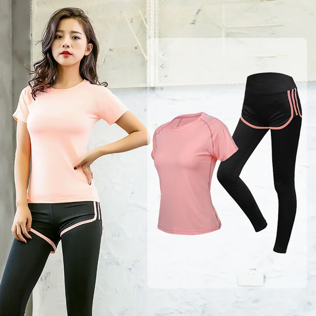 Женский комплект для йоги, гимнастический комплект, женская спортивная одежда, быстросохнущая одежда для фитнеса для женщин, рубашка+ брюки для бега, для тренировок, спортивный костюм размера плюс - Цвет: 2 pcs pink
